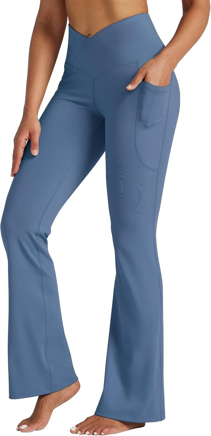 Willit Women Crossover High Waist Flare Yoga Pants with Pockets