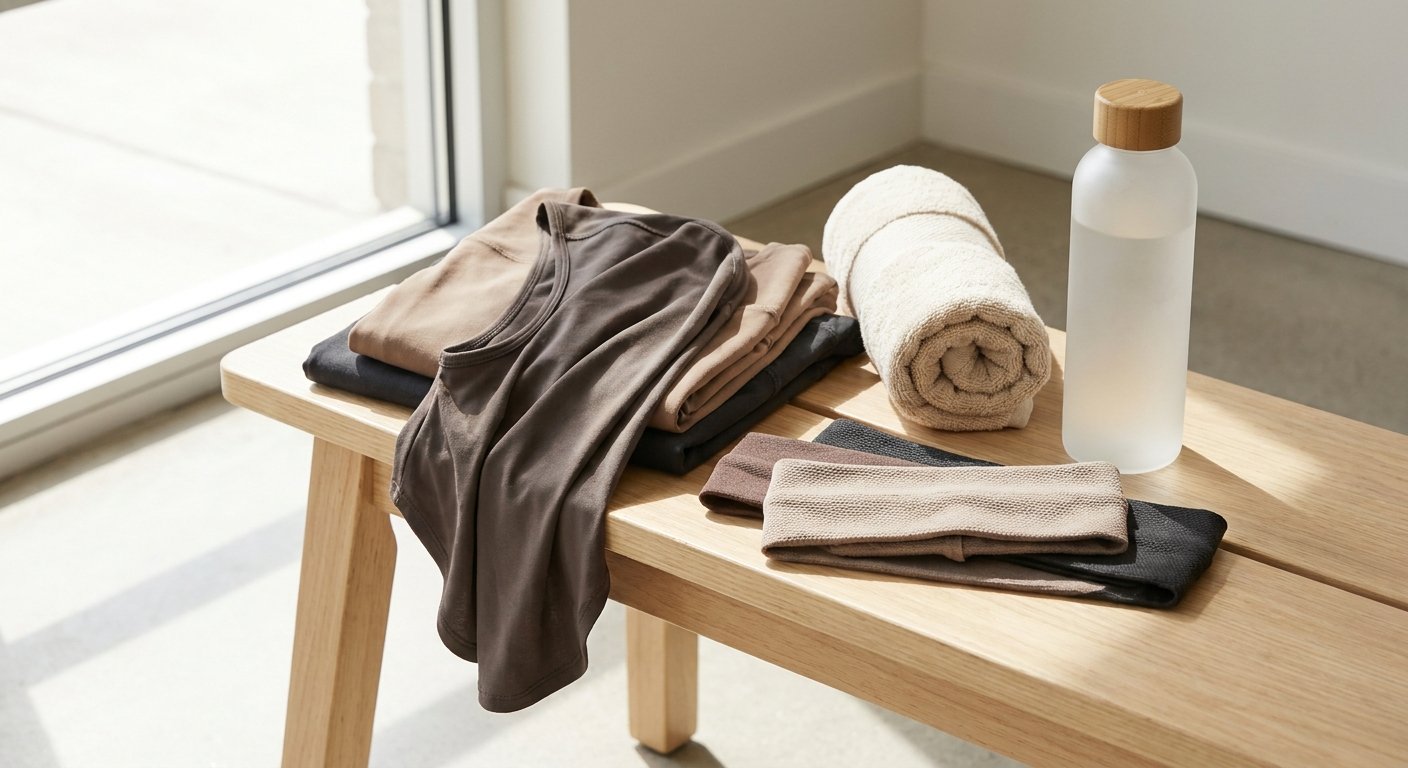 Modest workout headbands and a sport hijab laid beside training layers