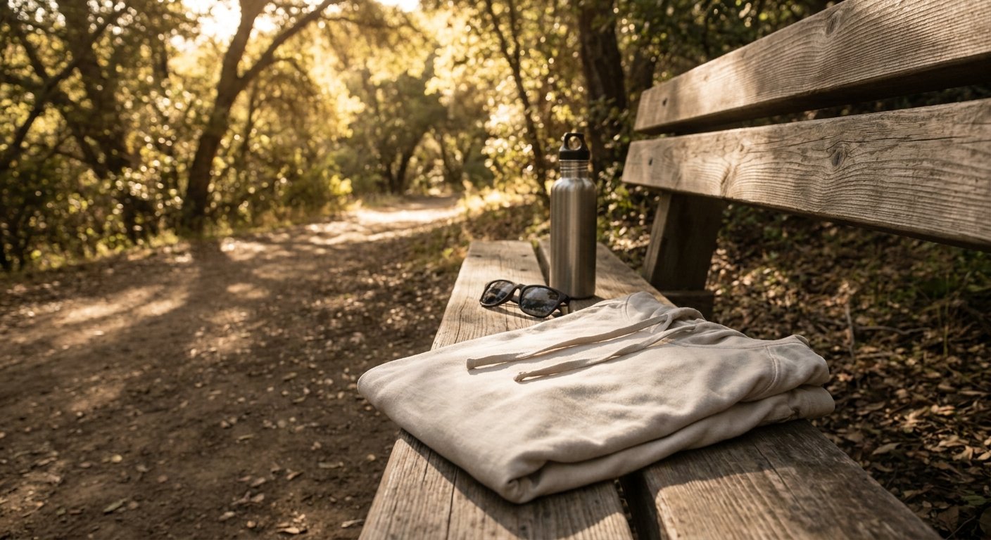 Sun hoodie and outdoor workout gear on a shaded trail bench